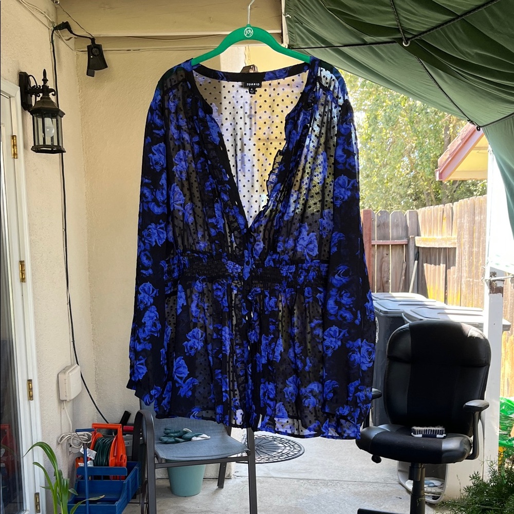 Torrid Blue Floral Blouse with Black Accents